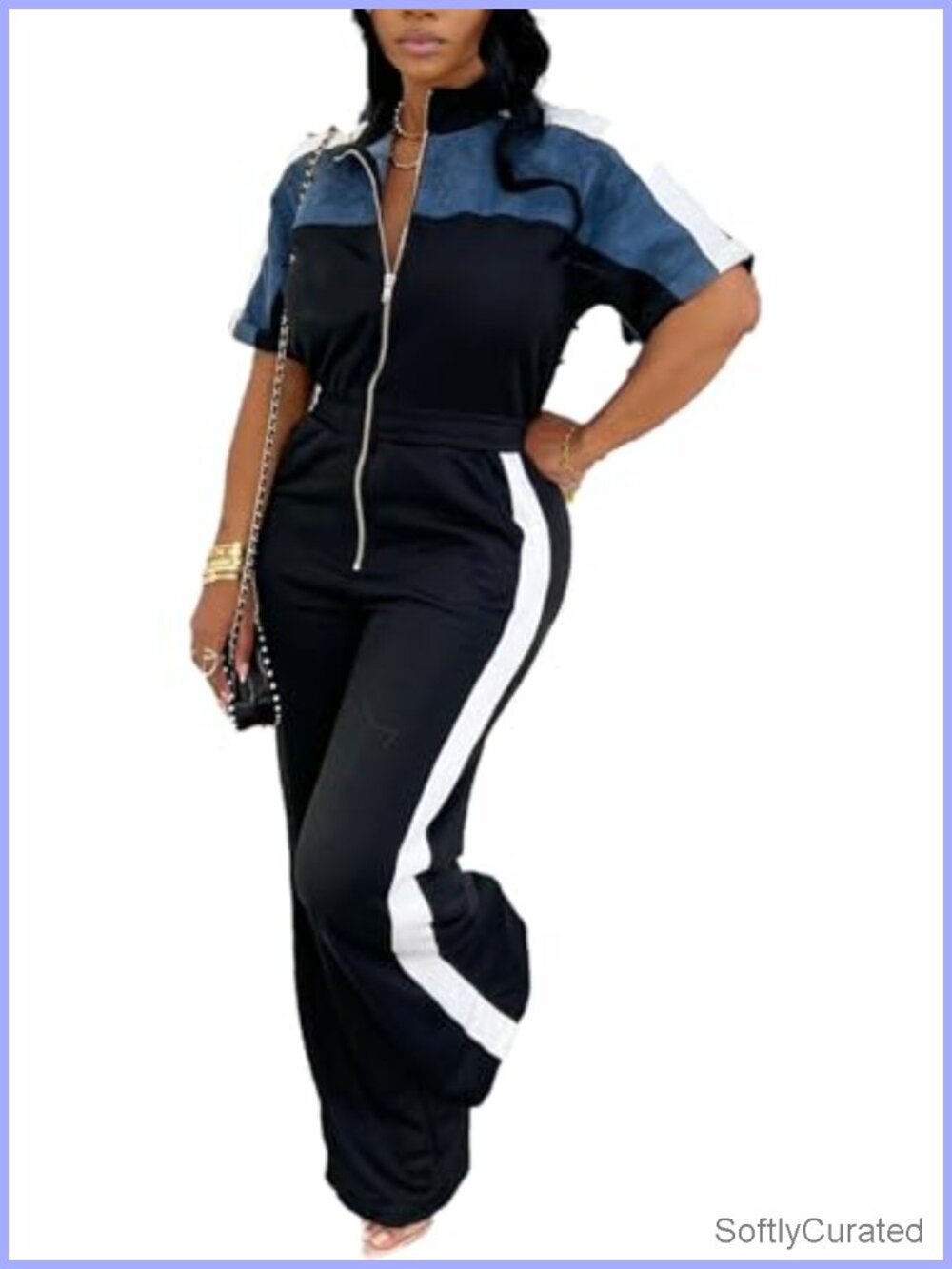 Color Block Zip Up Jumpsuit Short Sleeve Elastic Waist Wide Leg Romper